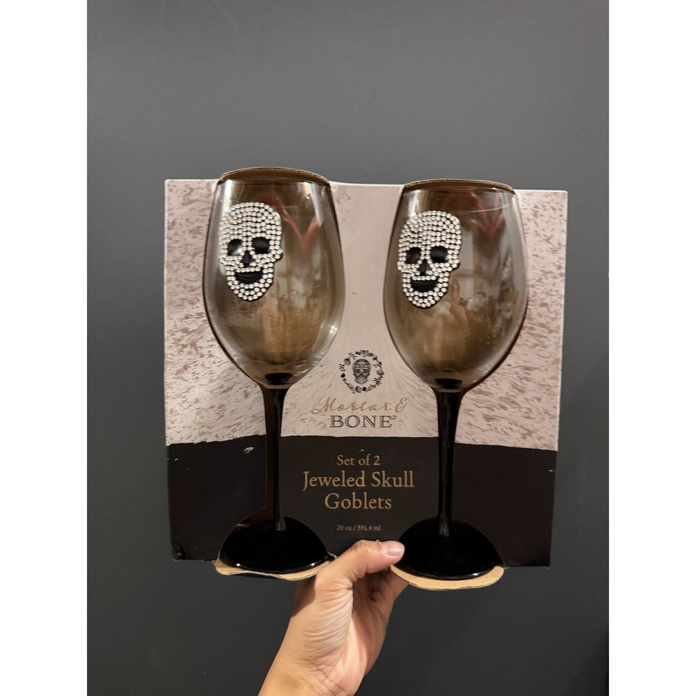 Halloween Mortar & Bone Gothic Rhinestone Jeweled Skull Goblets Wine Glasses